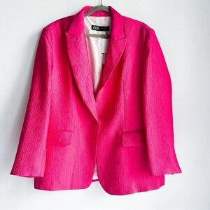 Zara Crinkle Effect Bright Pink Blazer XL